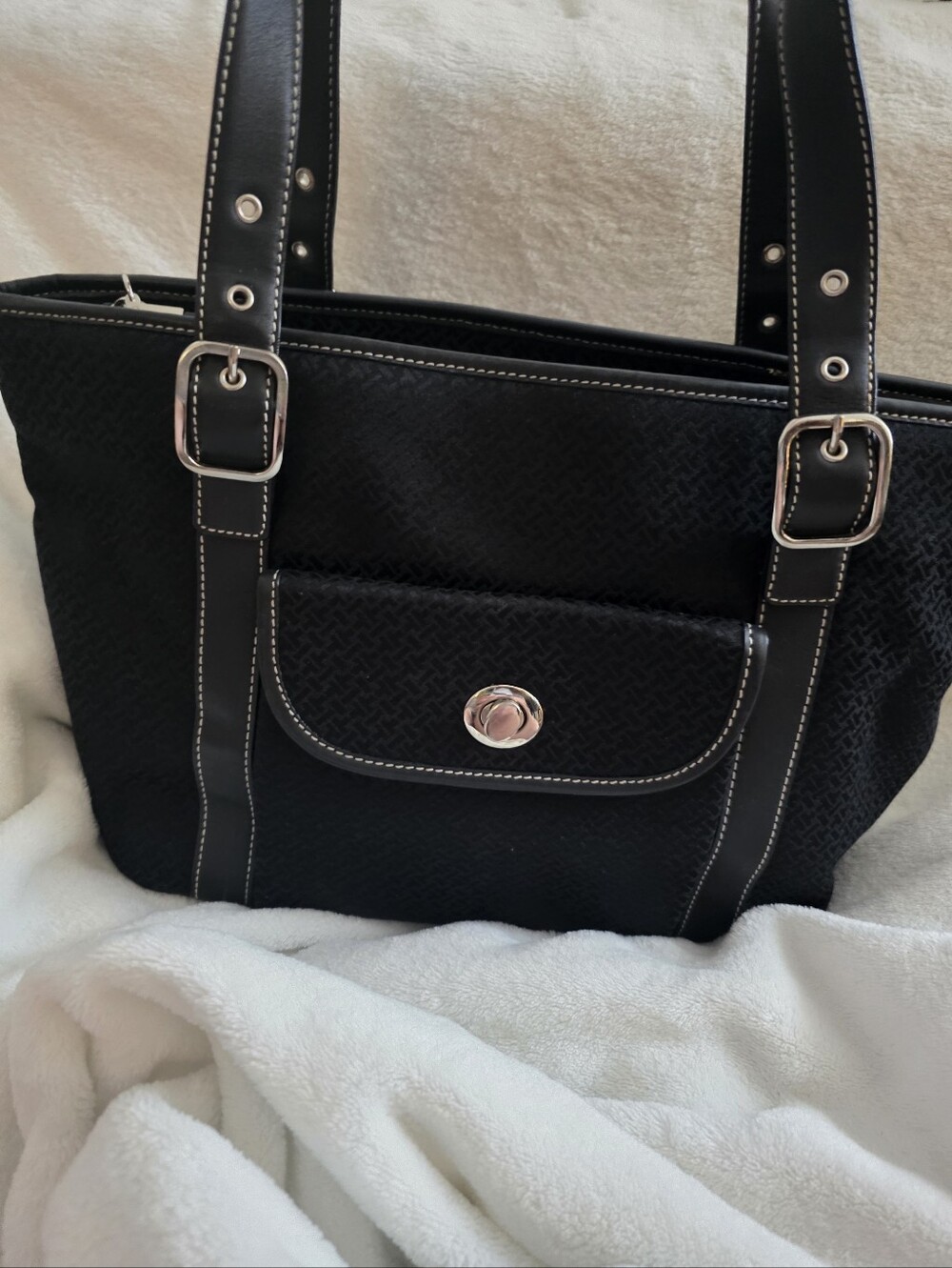 Vintage Turnlock Shoulder Bag Talbots 90s Black Canvas Silver Tone Preppy Chic